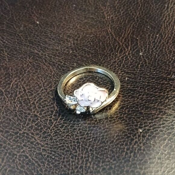 Lovely Pink Enamel Rose Flower Wrap Ring Gold Rhinestones Adjustable - Picture 5 of 9